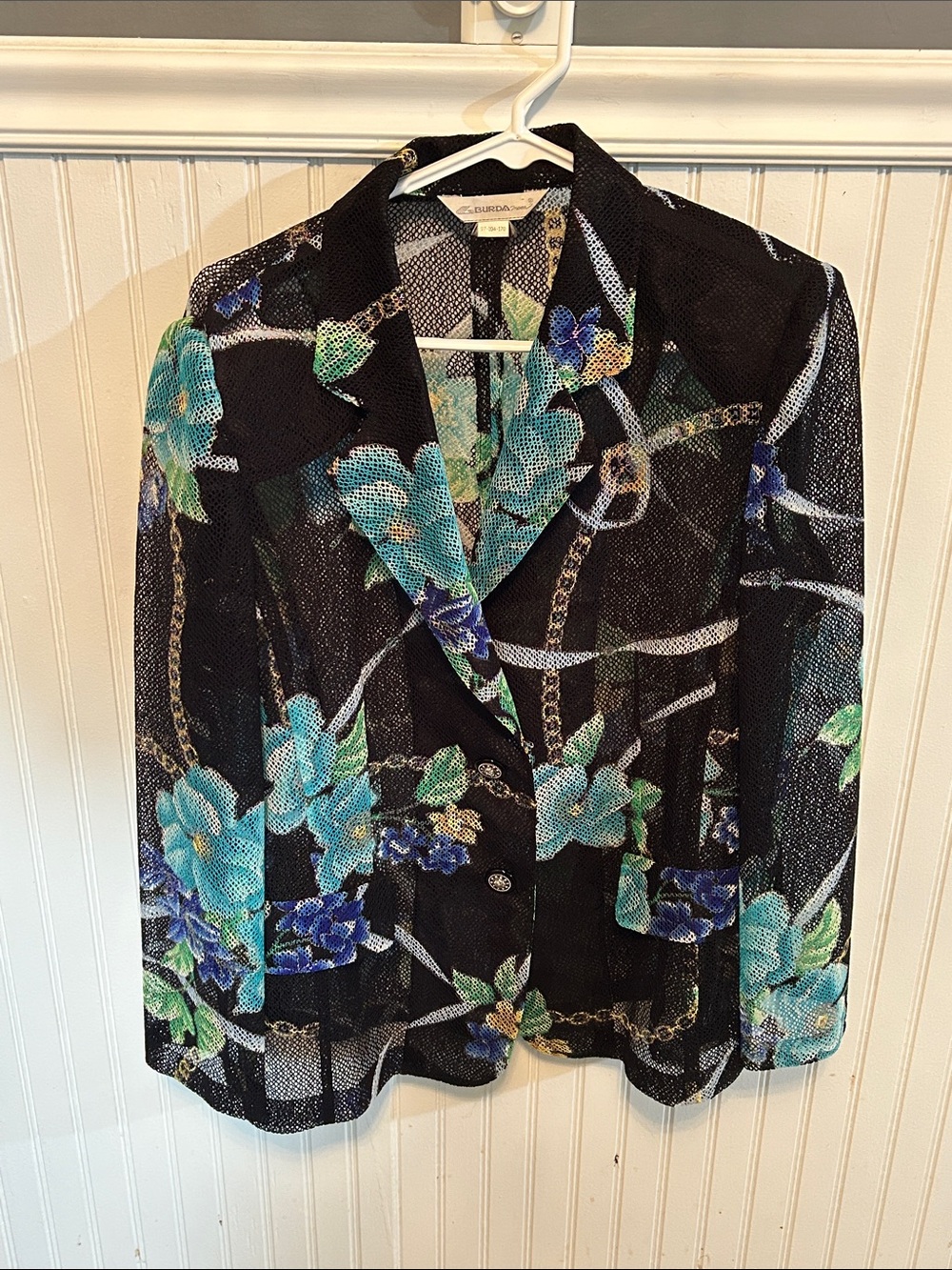 Sheer Black Floral Blazer with Teal & Blue Flowers